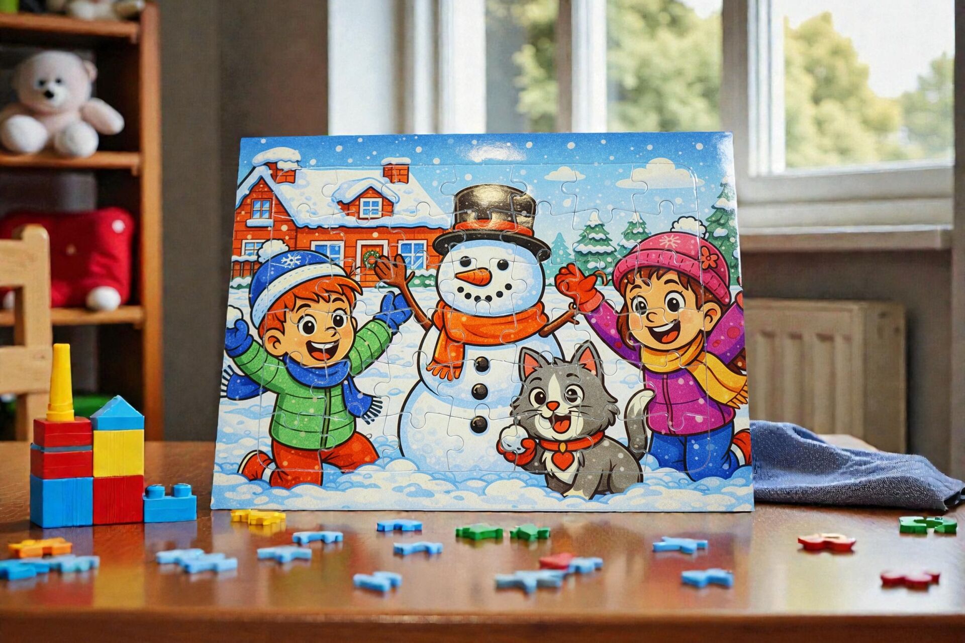 42 Parça A4 Puzzle Piroş Aliş ve ve Mırmır Kardan Adam Yapıyor Hayellerden Doğan Puzzle