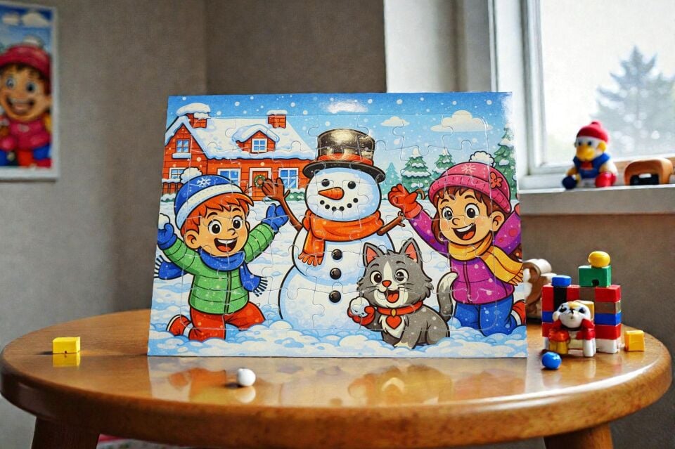 42 Parça A4 Puzzle Piroş Aliş ve ve Mırmır Kardan Adam Yapıyor Hayellerden Doğan Puzzle