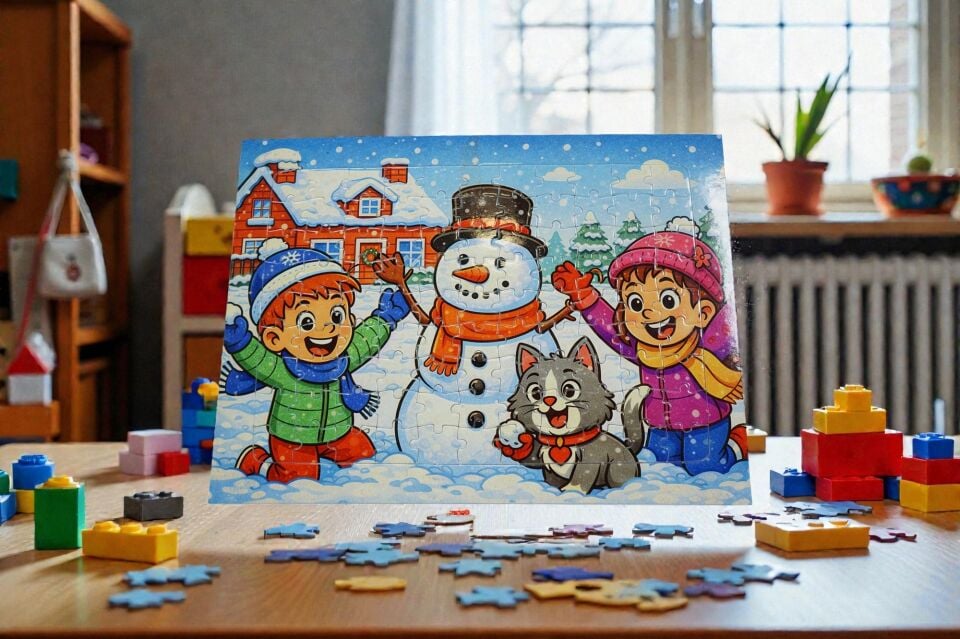 96 Parça A4 Puzzle Piroş Aliş ve Mırmır Kardan Adam Yapıyor Hayellerden Doğan Puzzle