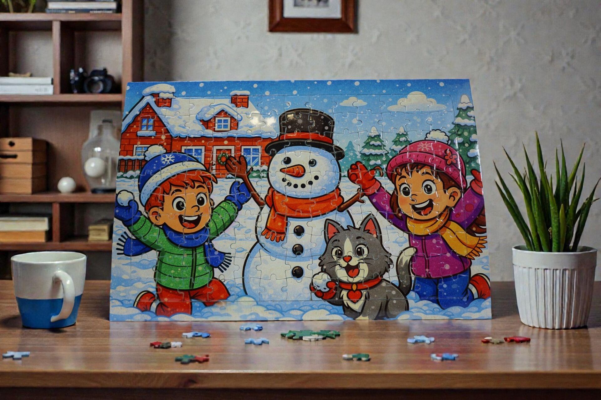 130 Parça A3 Puzzle Piroş Aliş ve Mırmır Kardan Adam Yapıyor Hayellerden Doğan Puzzle