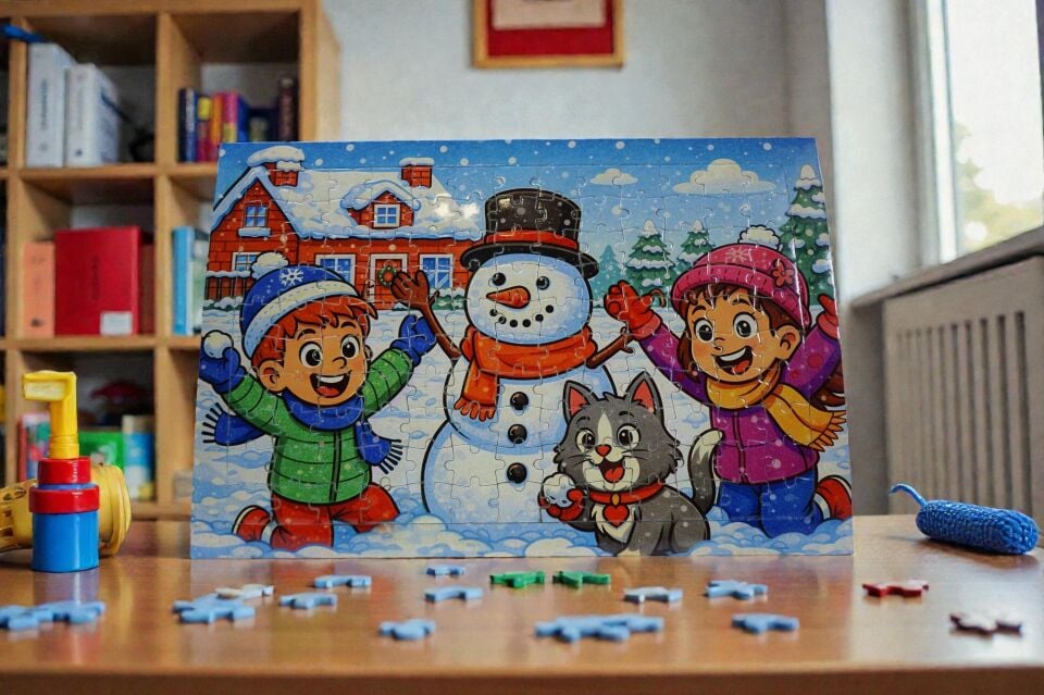 130 Parça A3 Puzzle Piroş Aliş ve Mırmır Kardan Adam Yapıyor Hayellerden Doğan Puzzle