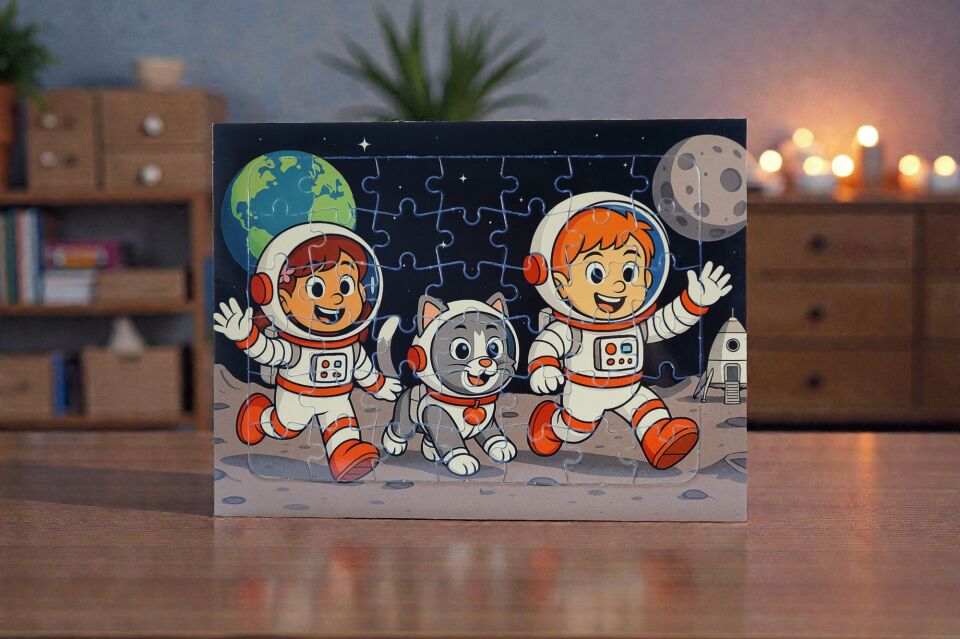 42 Parça A4 Puzzle Piroş Aliş ve ve Mırmır Ay'a Merhaba Hayellerden Doğan Puzzle