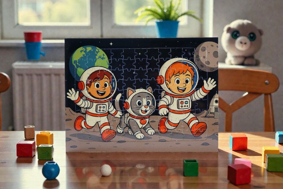 96 Parça A4 Puzzle Piroş Aliş ve ve Mırmır Ay'a Merhaba Hayellerden Doğan Puzzle