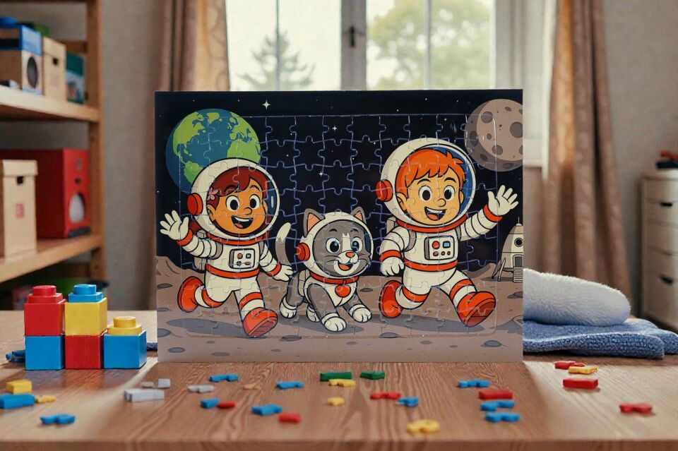 96 Parça A4 Puzzle Piroş Aliş ve ve Mırmır Ay'a Merhaba Hayellerden Doğan Puzzle