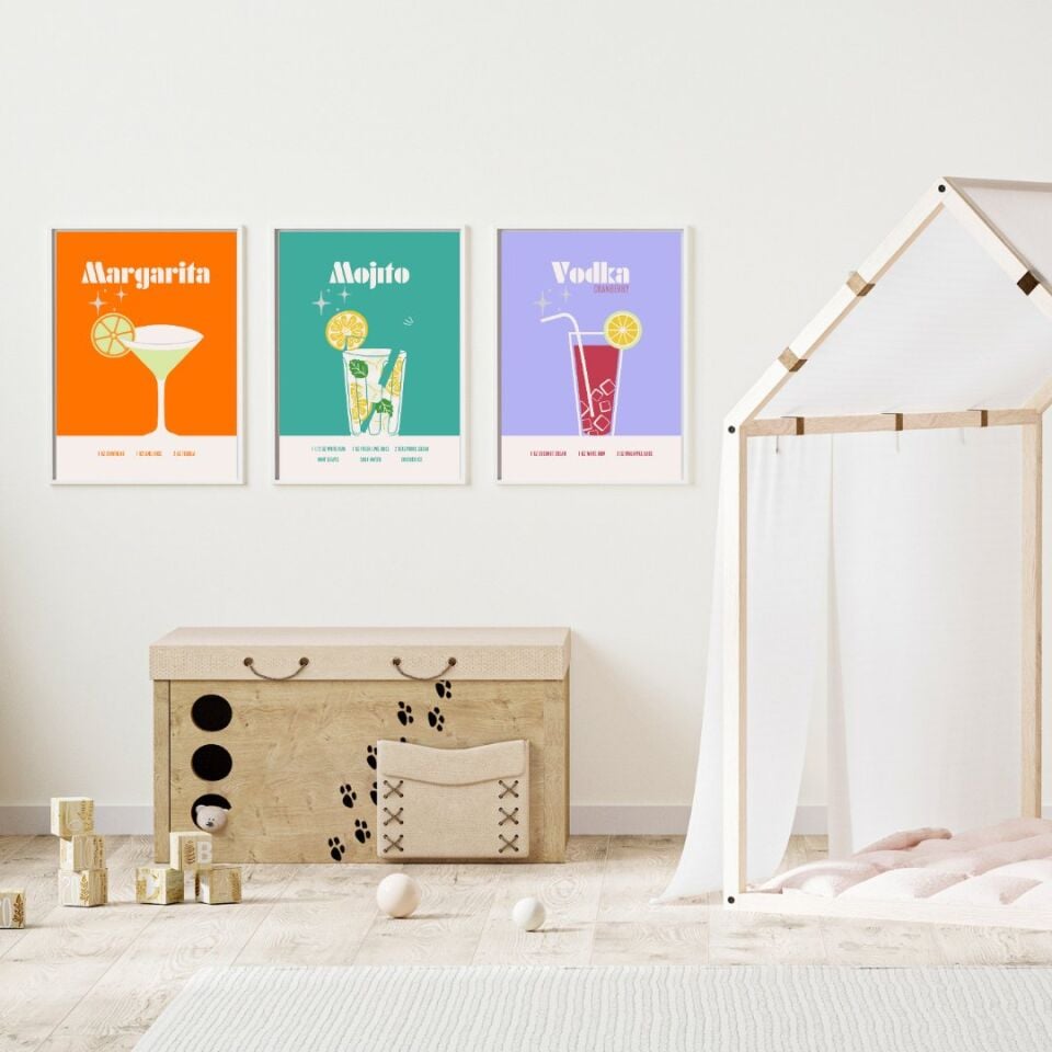 Renkli Kokteyler Duvar Tablosu Çerçeveli 3'lü Set