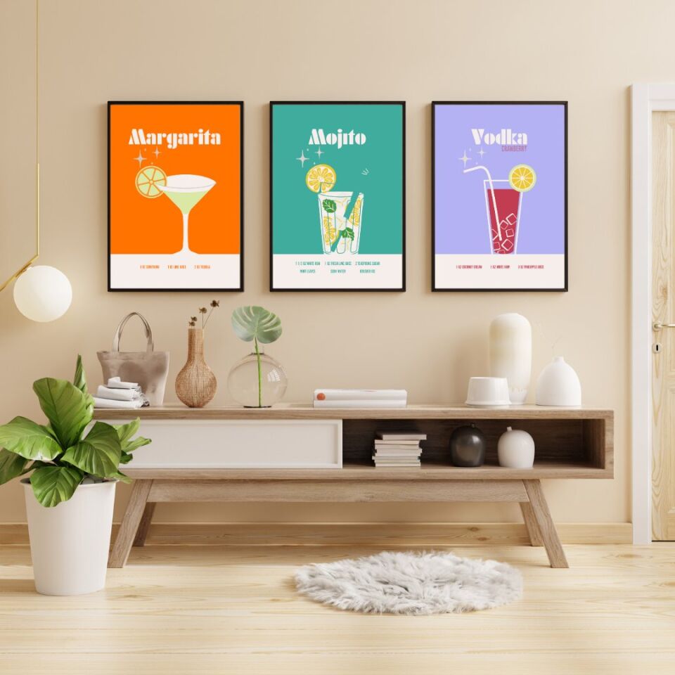 Renkli Kokteyler Duvar Tablosu Çerçeveli 3'lü Set
