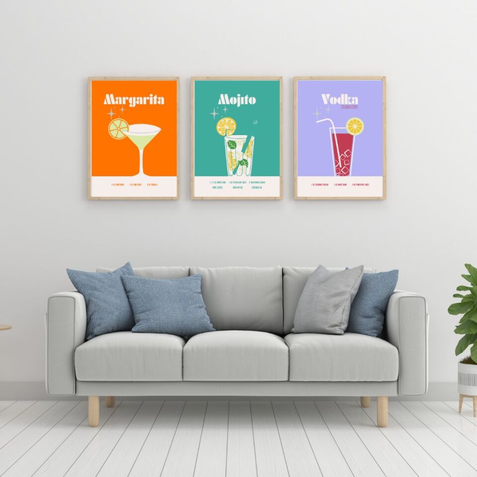 Renkli Kokteyler Duvar Tablosu Çerçeveli 3'lü Set Ahşap - 30 x 42