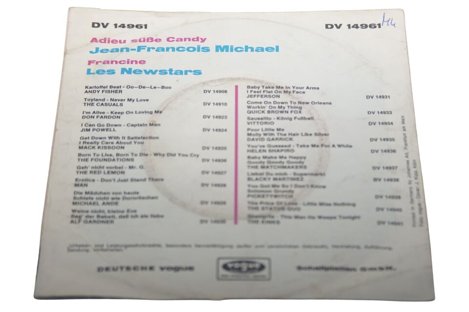 Jean-François Michael / Les Newstars – Adieu Süße Candy / Francine - Plak