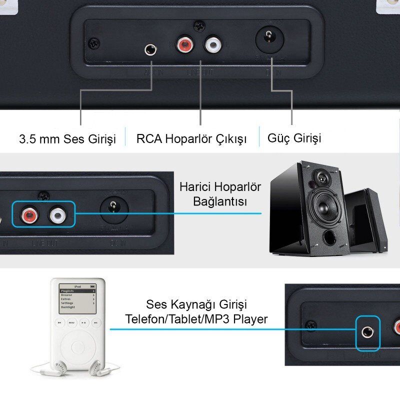 T317UB Retro Pikap Siyah Bluetooth Şarj Edilebilir
