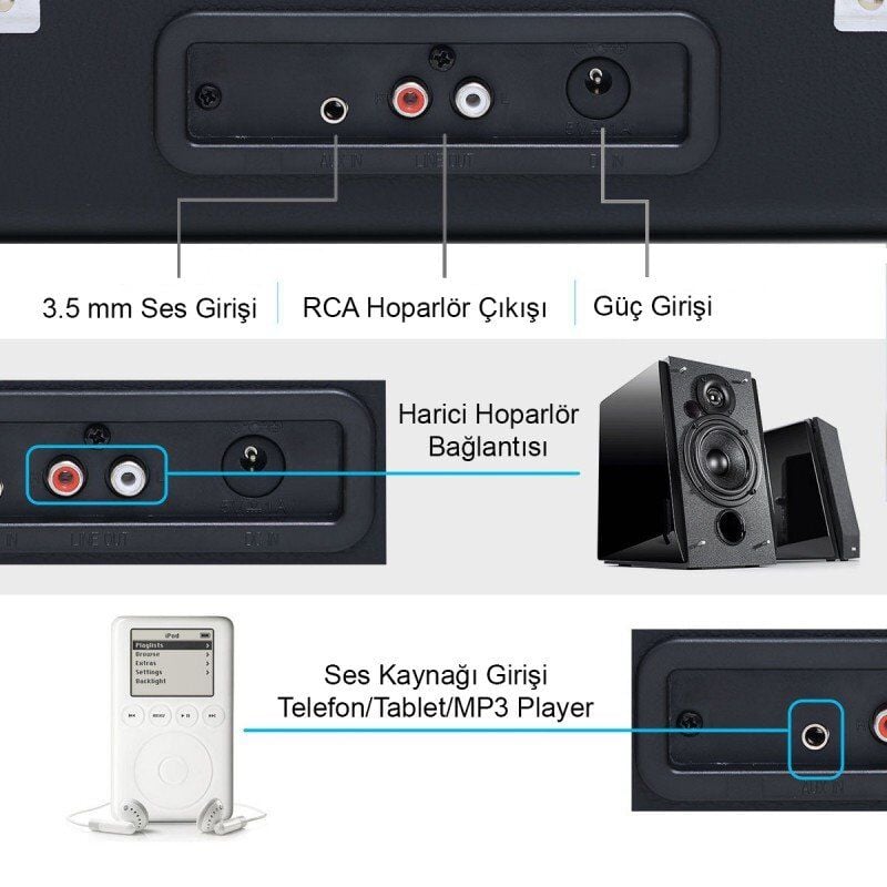 T317UB Retro Pikap Siyah Bluetooth Şarj Edilebilir