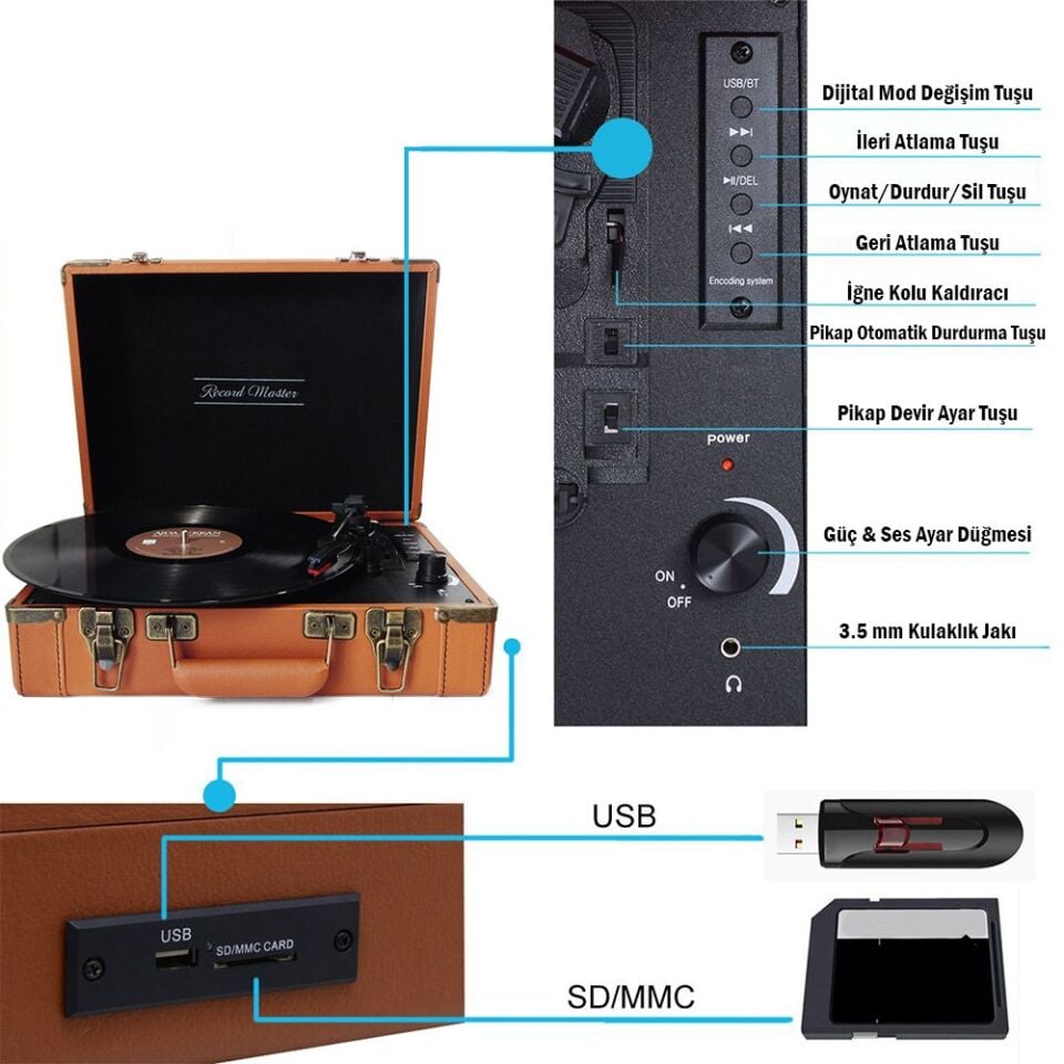 T317UB Retro Pikap Kahverengi Bluetooth Şarj Edilebilir