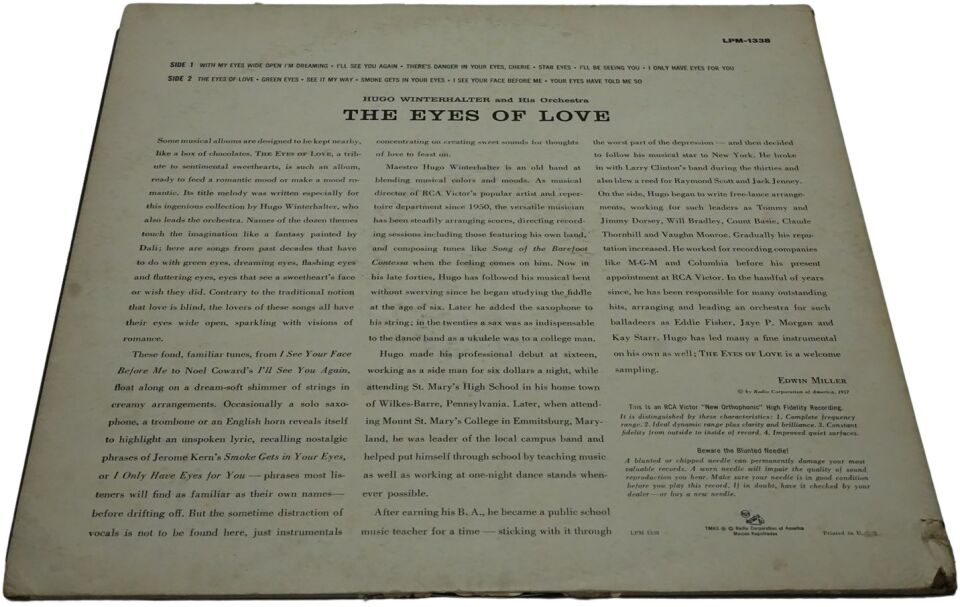 Hugo Winterhalter And His Orchestra The Eyes Of Love - Plak