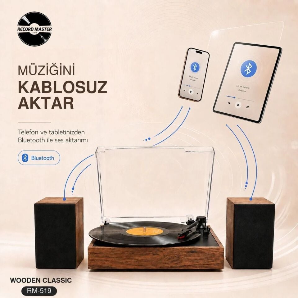 Record Master RM-519 Ahşap Kasa Plak Çalar Tüm Plaklar İle Uyumlu