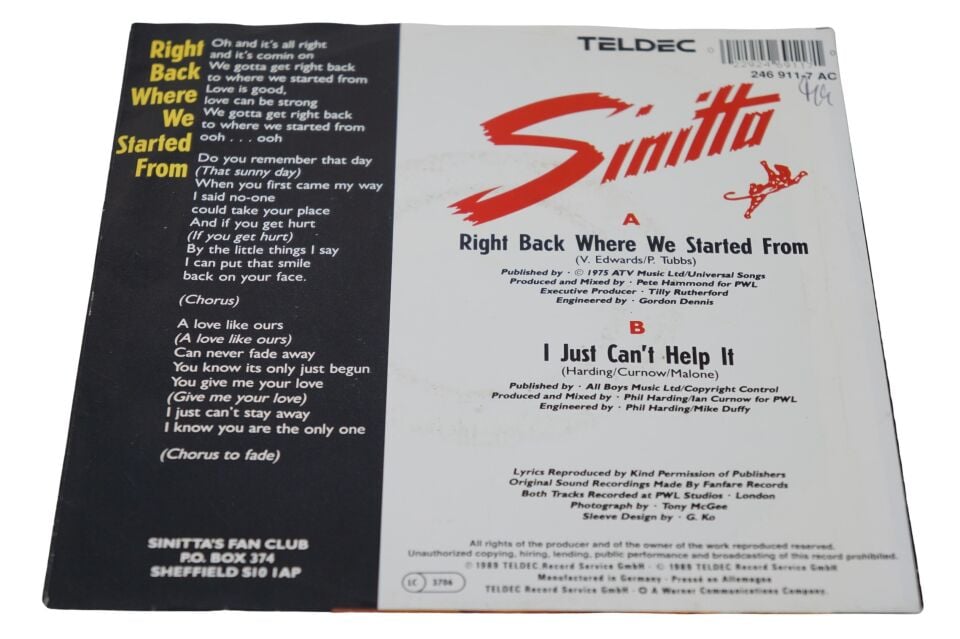 Sinitta Right Back Where We Started From - Plak